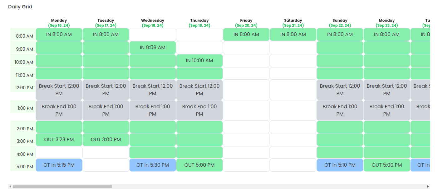 Daily attendance grid ready for payroll approval