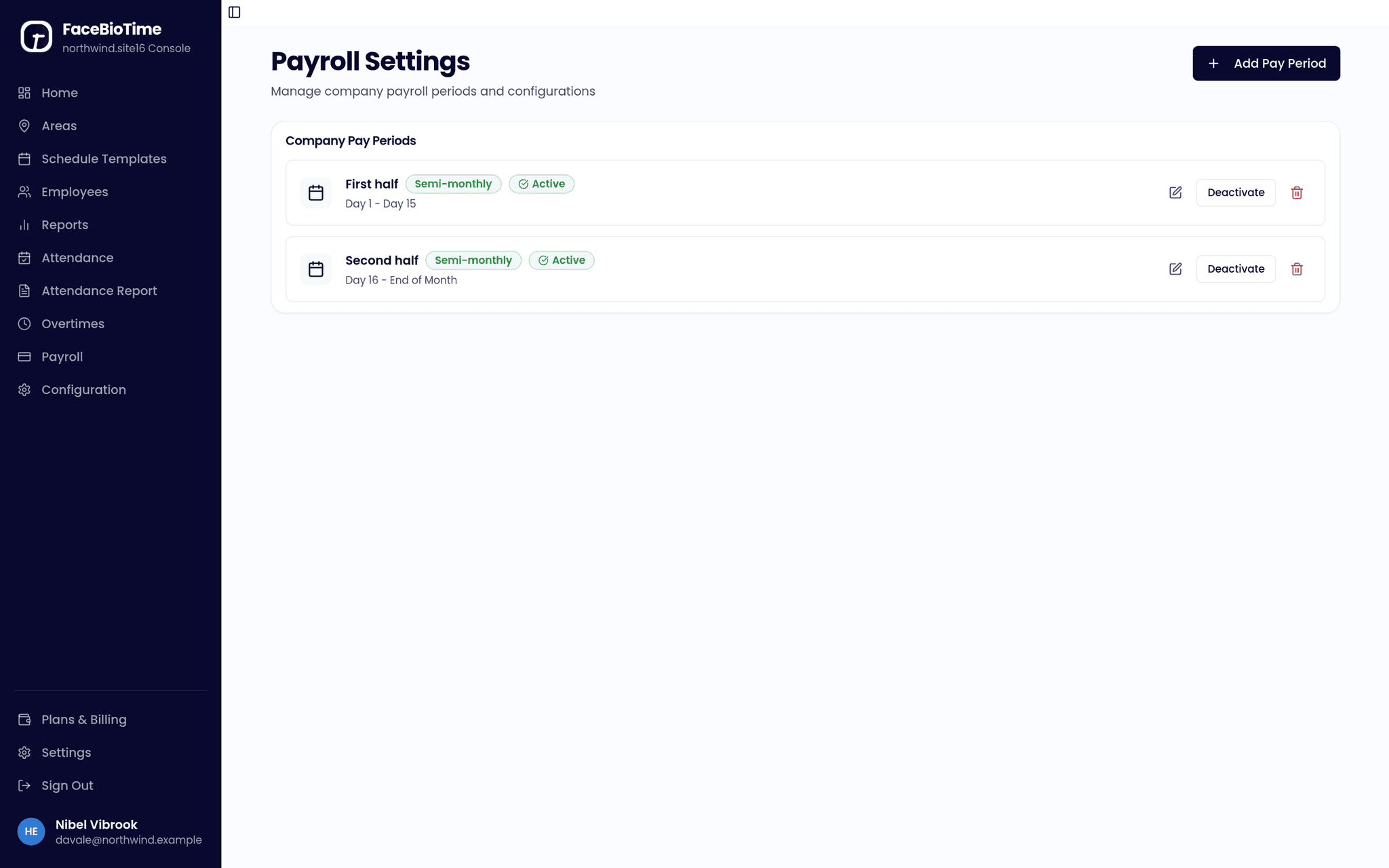 Payroll batch and payslip screen in FaceBioTime